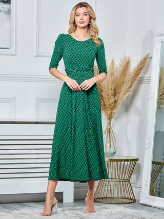 Round Neck Sleeved Jersey Maxi Dress, Green Geometric