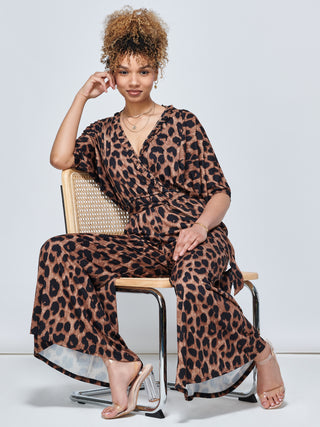 Wrap Front Batwing Jumpsuit, Brown Animal