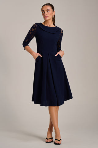 Roll Neck Lace Sleeve Fit & Flare Midi Dress, Navy