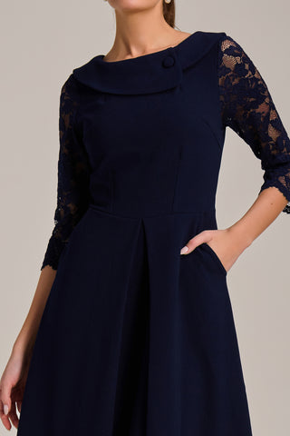 Roll Neck Lace Sleeve Fit & Flare Midi Dress, Navy