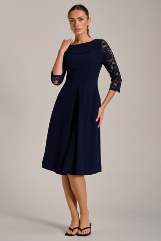 Roll Neck Lace Sleeve Fit & Flare Midi Dress, Navy