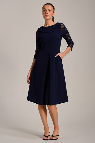 Roll Neck Lace Sleeve Fit & Flare Midi Dress, Navy