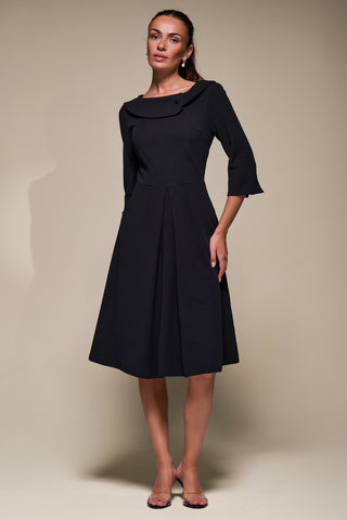 Buttoned Fold Collar Midi Dress, Black