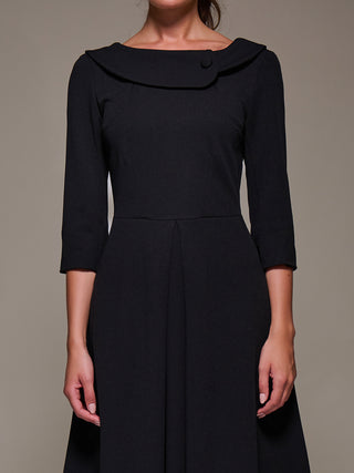 Buttoned Fold Collar Midi Dress, Black