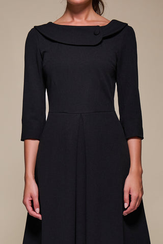 Buttoned Fold Collar Midi Dress, Black