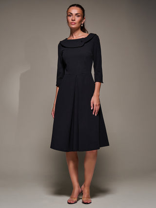 Buttoned Fold Collar Midi Dress, Black