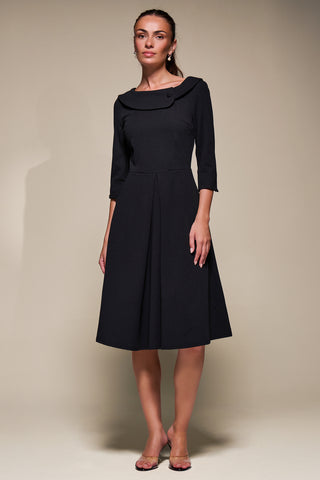 Buttoned Fold Collar Midi Dress, Black