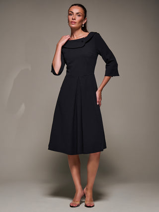 Buttoned Fold Collar Midi Dress, Black