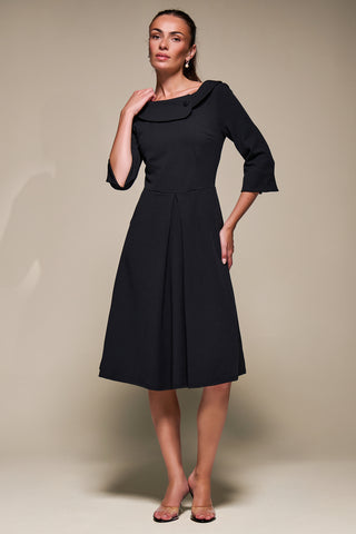 Buttoned Fold Collar Midi Dress, Black