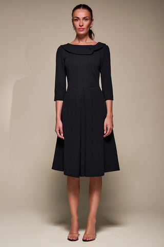 Buttoned Fold Collar Midi Dress, Black