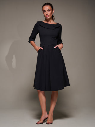 Buttoned Fold Collar Midi Dress, Black