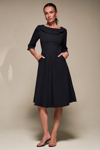 Buttoned Fold Collar Midi Dress, Black