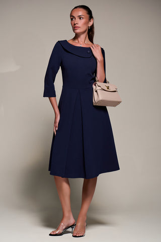 Buttoned Fold Collar Midi Dress, Navy