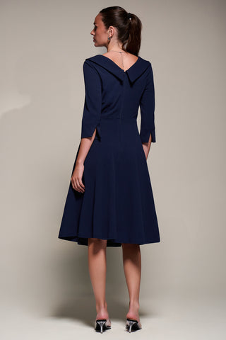 Buttoned Fold Collar Midi Dress, Navy