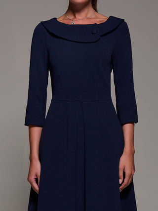 Buttoned Fold Collar Midi Dress, Navy