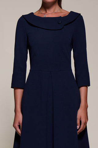 Buttoned Fold Collar Midi Dress, Navy