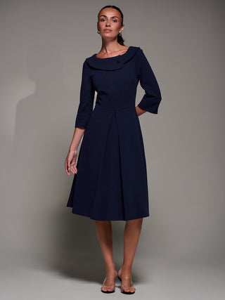Buttoned Fold Collar Midi Dress, Navy