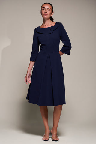 Buttoned Fold Collar Midi Dress, Navy