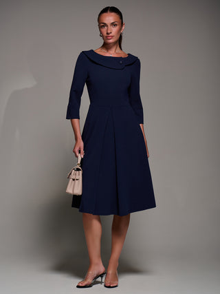 Buttoned Fold Collar Midi Dress, Navy