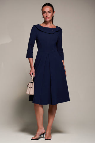 Buttoned Fold Collar Midi Dress, Navy