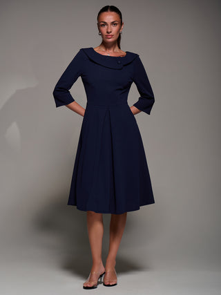 Buttoned Fold Collar Midi Dress, Navy