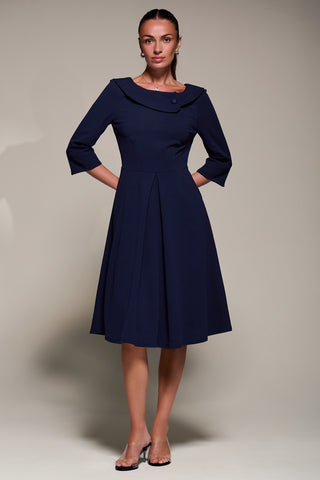 Buttoned Fold Collar Midi Dress, Navy