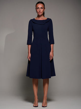 Buttoned Fold Collar Midi Dress, Navy