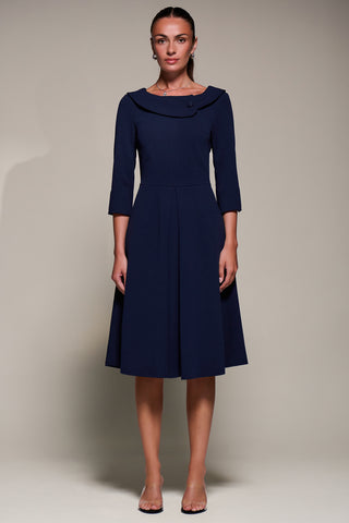 Buttoned Fold Collar Midi Dress, Navy