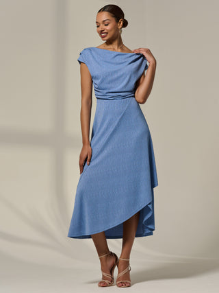 Asymmetric Cowl Neck Midi Dress, Light Blue