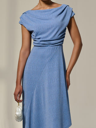 Asymmetric Cowl Neck Midi Dress, Light Blue