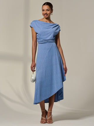 Asymmetric Cowl Neck Midi Dress, Light Blue