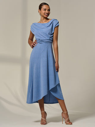 Asymmetric Cowl Neck Midi Dress, Light Blue