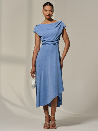 Asymmetric Cowl Neck Midi Dress, Light Blue