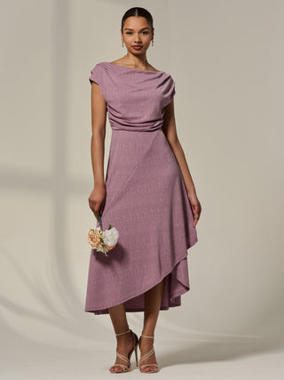 Asymmetric Cowl Neck Midi Dress, Mauve Purple