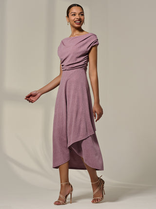 Asymmetric Cowl Neck Midi Dress, Mauve Purple