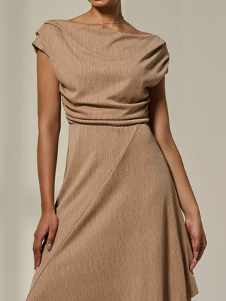 Asymmetric Cowl Neck Midi Dress, Taupe