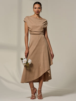 Asymmetric Cowl Neck Midi Dress, Taupe