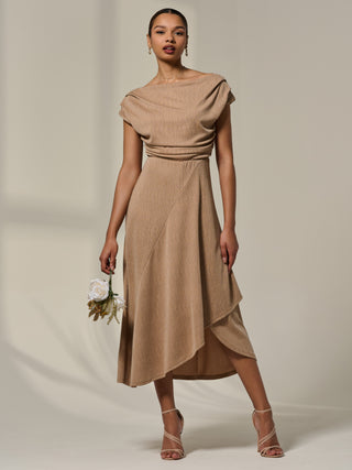 Asymmetric Cowl Neck Midi Dress, Taupe