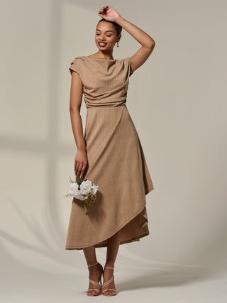 Asymmetric Cowl Neck Midi Dress, Taupe