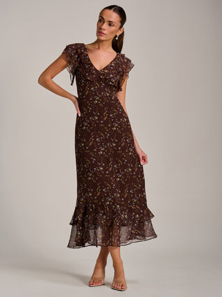 Ruffle V Neckline Chiffon Midaxi Dress, Brown Multi Jolie Moi Retail Ruffle V Neckline Chiffon Midaxi Dress, Brown Multi Jolie Moi Retail