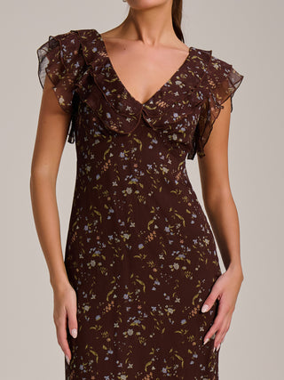 Ruffle V Neckline Chiffon Midaxi Dress, Brown Multi