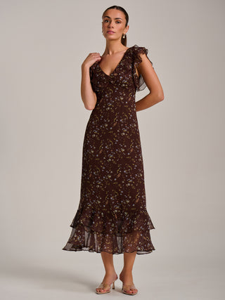 Ruffle V Neckline Chiffon Midaxi Dress, Brown Multi