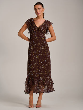 Ruffle V Neckline Chiffon Midaxi Dress, Brown Multi