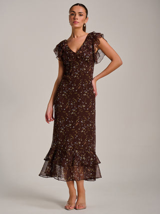 Ruffle V Neckline Chiffon Midaxi Dress, Brown Multi