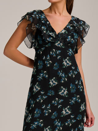 Ruffle V Neckline Chiffon Midaxi Dress, Navy Multi