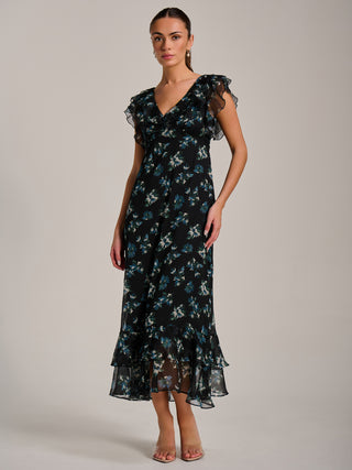 Ruffle V Neckline Chiffon Midaxi Dress, Navy Multi