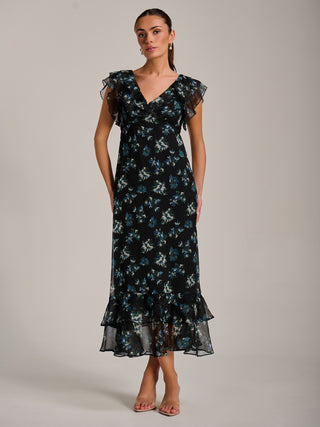Ruffle V Neckline Chiffon Midaxi Dress, Navy Multi