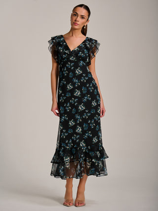 Ruffle V Neckline Chiffon Midaxi Dress, Navy Multi