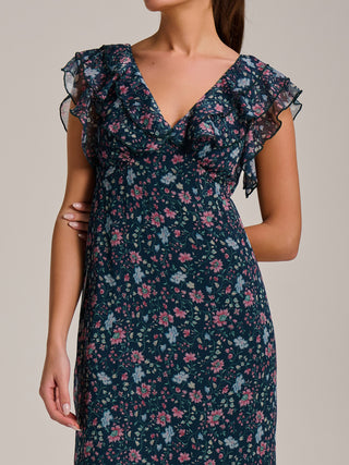 Ruffle V Neckline Chiffon Midaxi Dress, Teal Multi