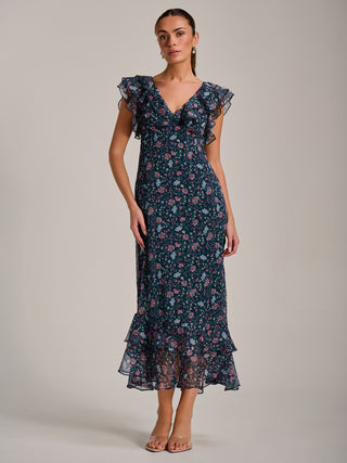 Ruffle V Neckline Chiffon Midaxi Dress, Teal Multi